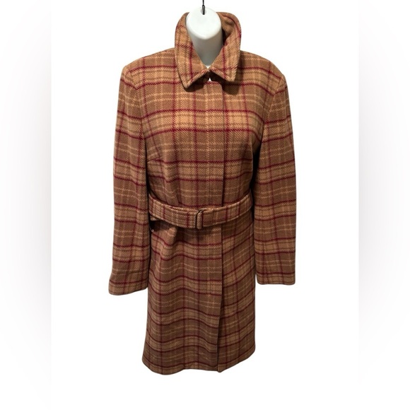 VTG J. Crew Plaid Clueless Preppy Wool Belted Trench Coat M Pockets Lined - Picture 2 of 12